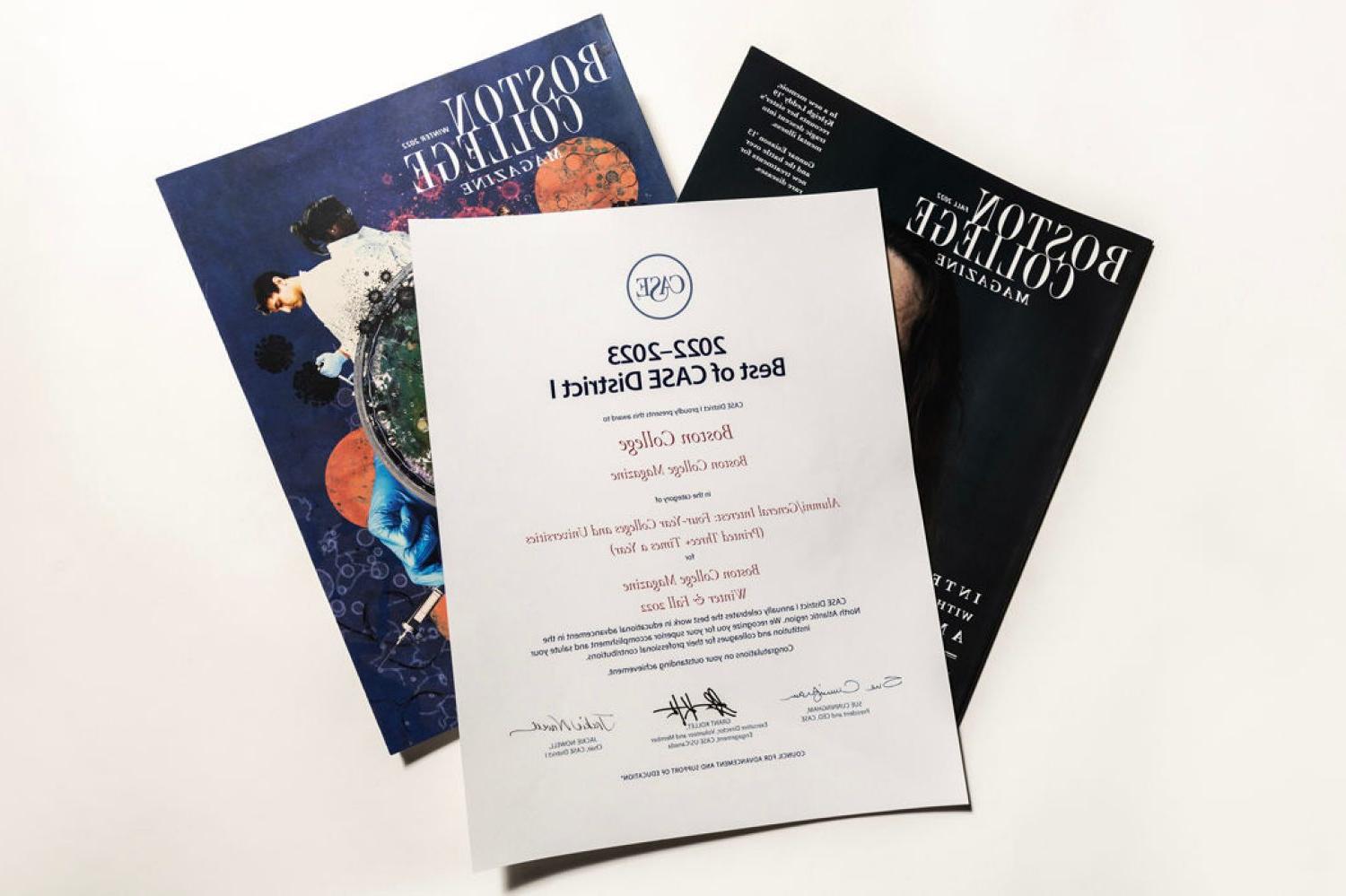 covers of two magazines and an awards certificate