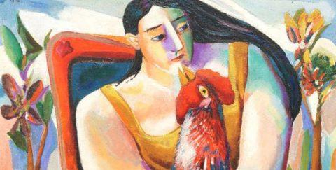 Mujer con gallo (Mujer y gallo) | Woman with Rooster (Woman and Rooster), 1941 oil on canvas | óleo sobre lienzo, 32 ✕ 26″ Col. Nercys & Ramón Cernuda © Fundación Mariano Rodríguez